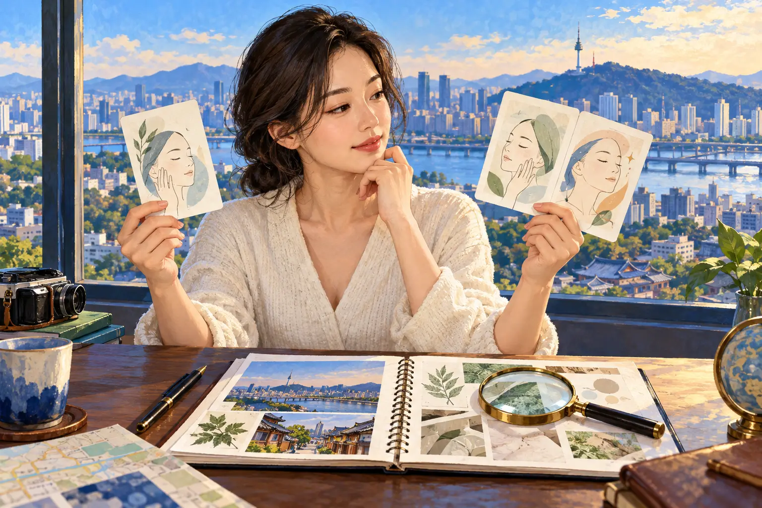 한국 방문자가 단일·추가 피부 시술 계획 카드를 비교하는 AI 생성 설명 일러스트. 실제 병원·환자·시술 결과가 아닌 이해를 돕는 연출.