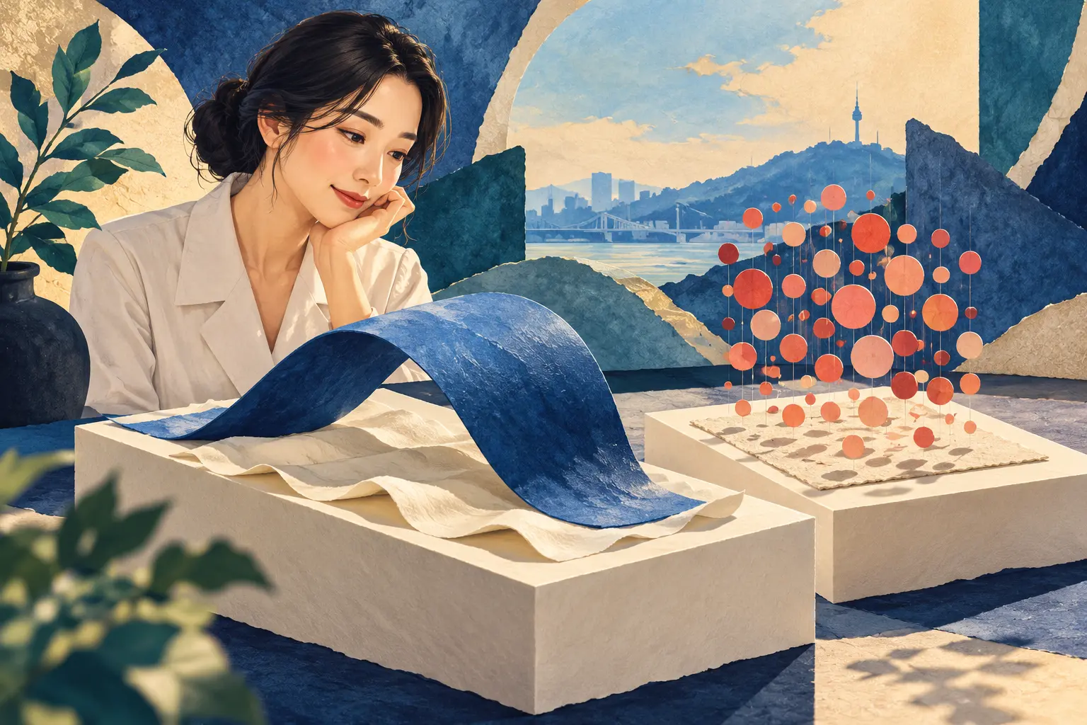 넓은 파란 리본과 매달린 종이 점을 살피는 인물 · 에너지 전달 방식 비교의 AI 비유이며 실제 RF 장비·피부 깊이·작용도가 아님