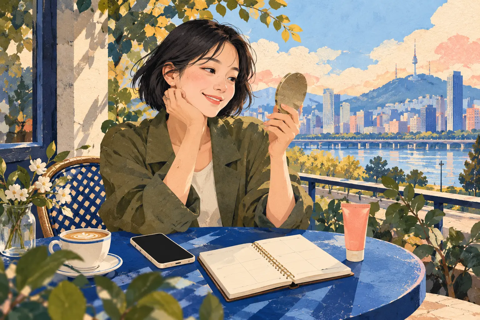 거울을 보며 빈 일정표를 곁에 둔 젊은 인물 · 예방 시술을 시작할지 생각하는 AI 연출이며 실제 환자·시술 후 모습이 아님