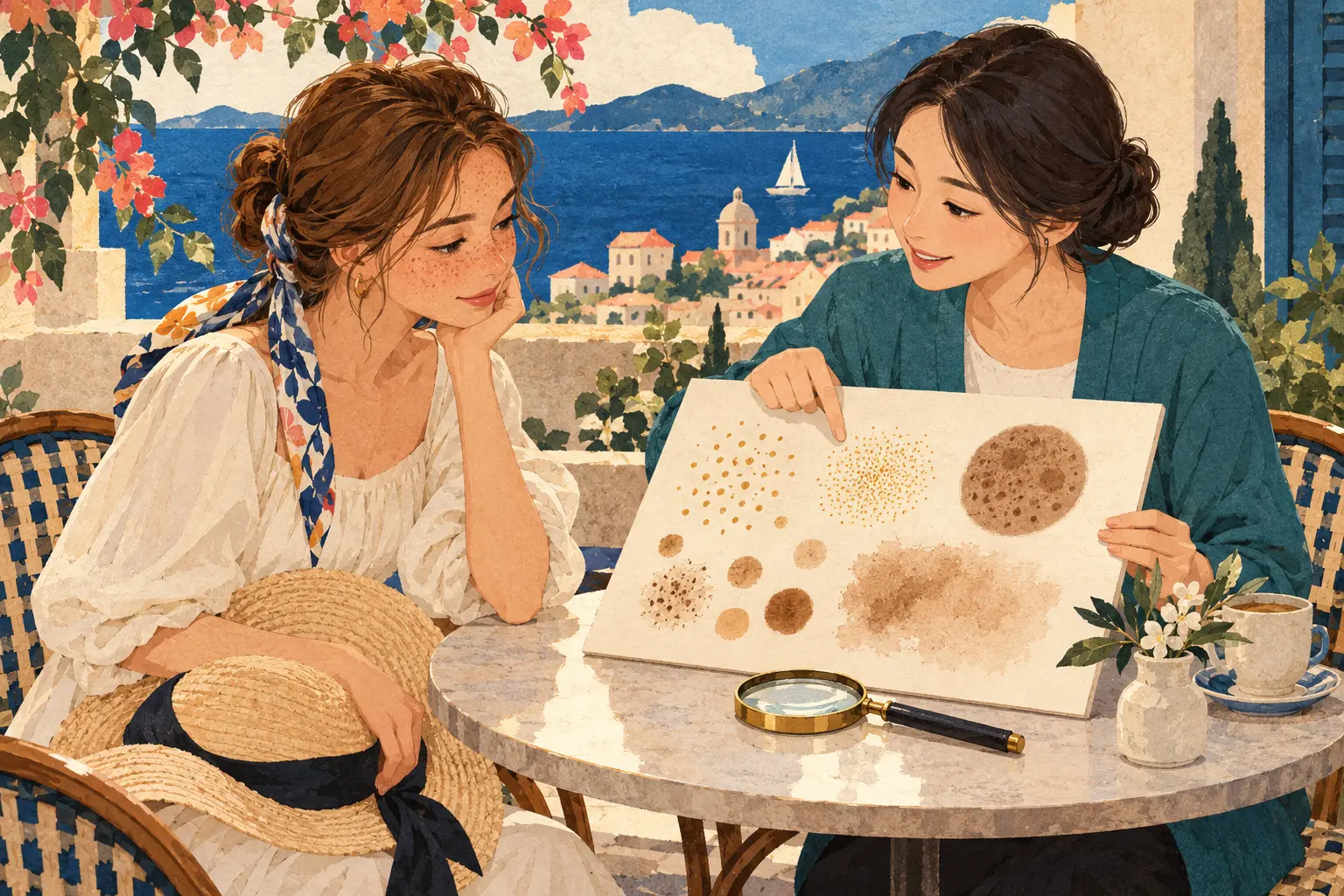 서로 다른 갈색 점·색면 견본을 함께 보는 두 인물 · 병변별 상담을 돕는 AI 연출이며 실제 병원·의료진·환자·진단이 아님