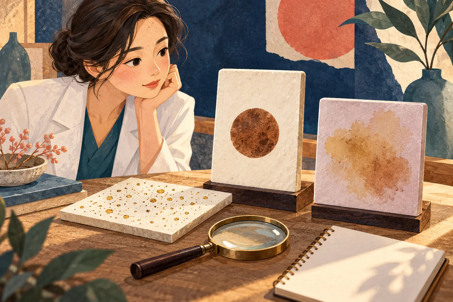 점무늬·큰 갈색 원·옅은 색면 타일과 확대경을 살피는 가상 인물 · 색소 목표 차이의 AI 비유이며 병리·점 제거 결과가 아님