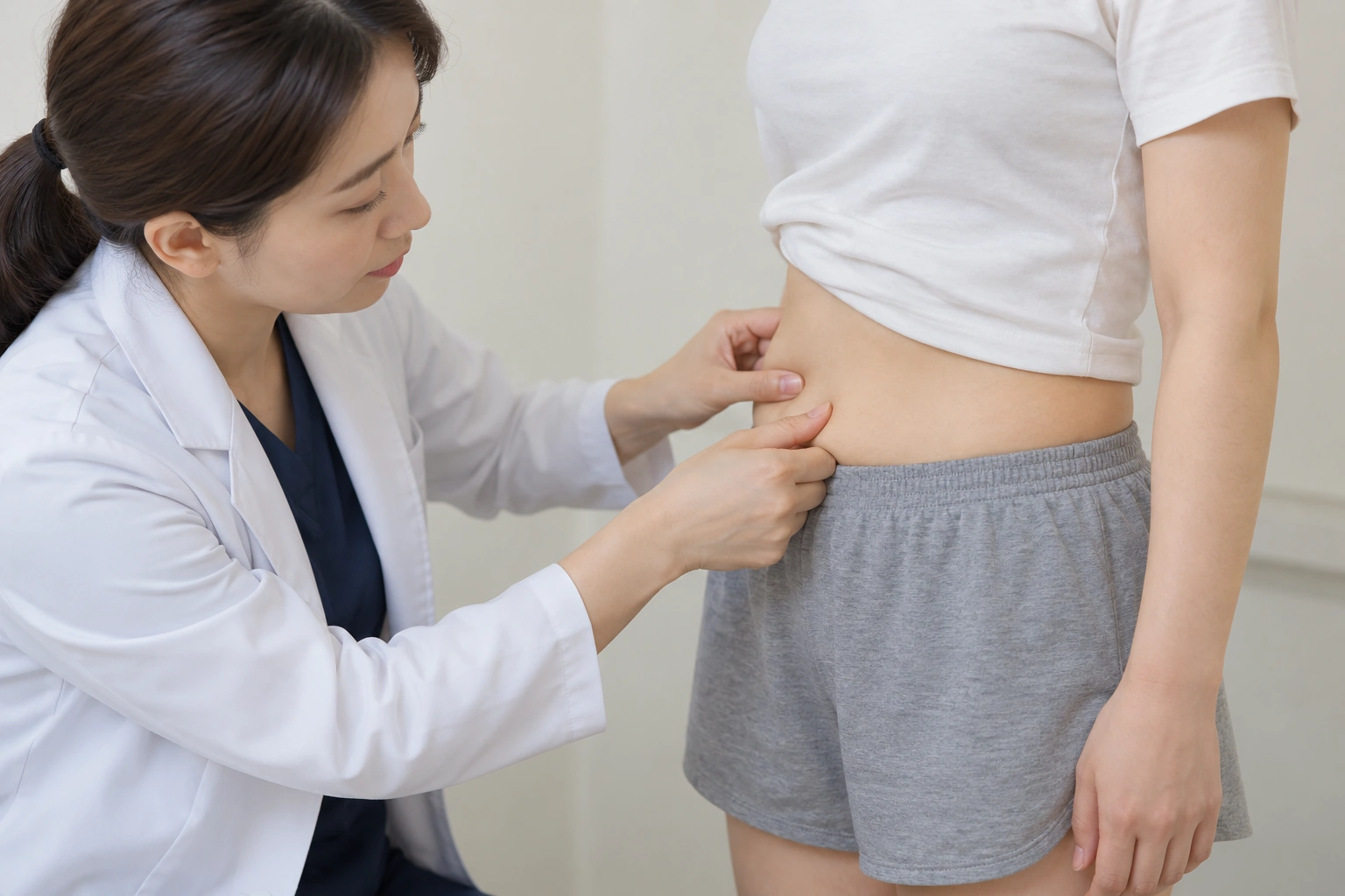 Imej rujukan kontur pinggang yang diperiksa semasa konsultasi rawatan badan